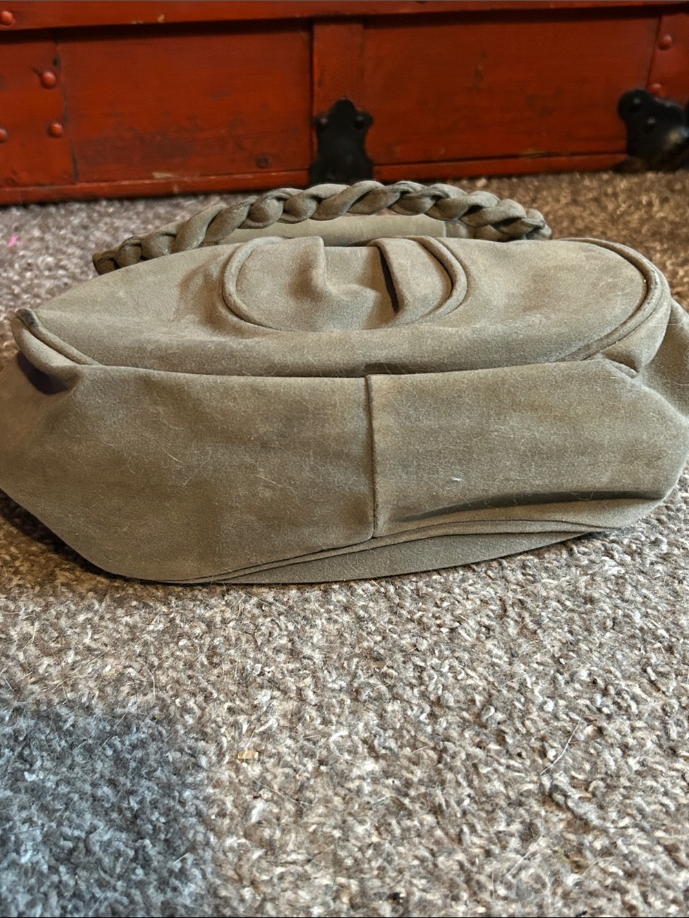 Vintage Olive Suede Mini wristlet Bag with Braided Strap - Picture 3 of 4